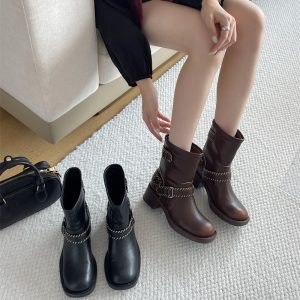 Retro Worn Leather Buckle Motorcycle Ankle Boots for Women Chunky Heel British Style New 2025 Winter