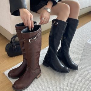 Washed Horse Leather Pleated Tall Boots Women 2025 Autumn Winter New Belt Buckle Chunky Heel Thick Sole High Top Riding Boots