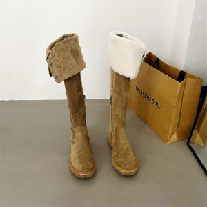 Vintage Versatile Two-Way Western Boots Autumn Winter New Suede High Shaft Boots Low Heel Over Knee High Rider Boots