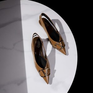 Korean Retro Pointed Toe Low Heel Women's Shoes with Metal V Buckle and Back Strap