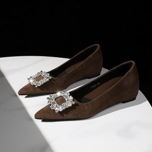 BIGWOOD Women's Pointed Toe Flat Shoes with Rhinestone Buckle Suede Inner Height Increase Comfortable Slip-on Low Top Shoes