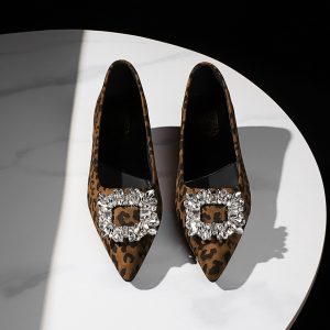 French Leopard Print Pointed Toe Flat Shoes with Rhinestone Square Buckle Suede Inner Height Increase Commuter Women's Shoes