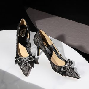 Women's Lace Stiletto Heels Pointed Toe Bow Rhinestone Evening Shoes