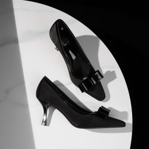 European American Style Elegant Banquet High Heel Shoes Square Toe Shallow Mouth Bow Decoration Thin Heel Premium Women's Shoes