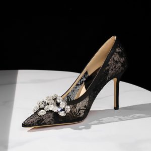 Women's Lace Bow Rhinestone Pointed Toe High Heel Shoes - European American Style