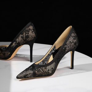 BIGWOOD Women's Pointed Toe Lace Hollow Out Stiletto Heels - Black