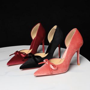 Women's Sexy Thin Heel Velvet Side Open Bow Pointed Toe Slip On Shoes